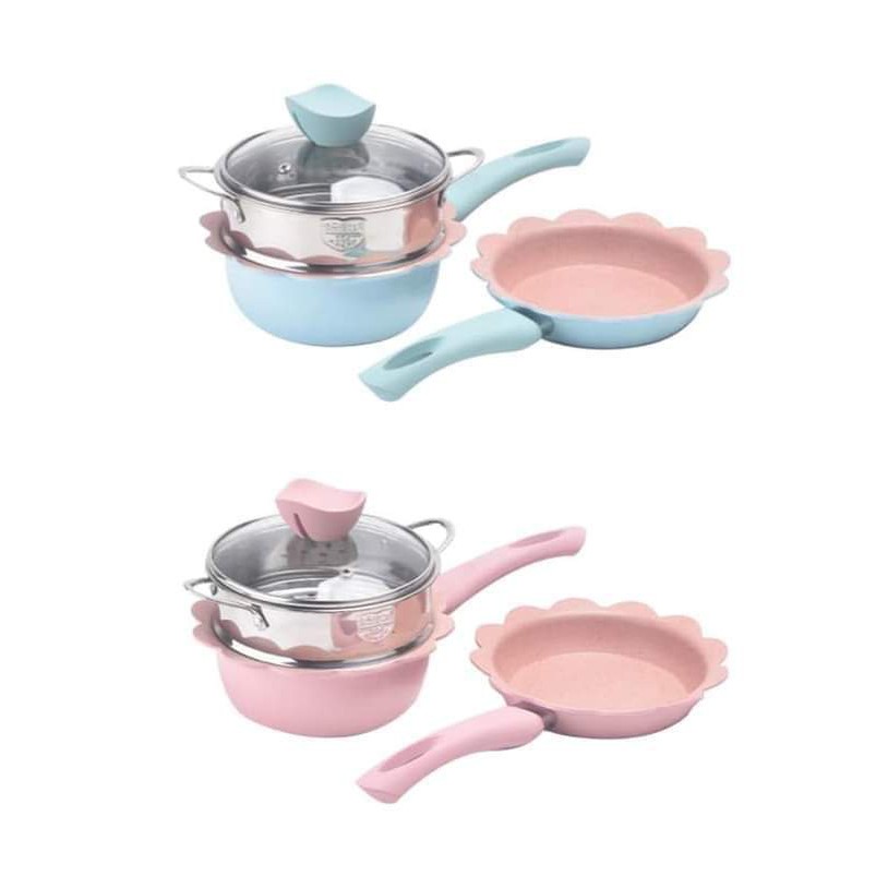 Bộ Nồi Chảo Ăn Dặm Cho Bé Chống Dính 16cm, Set Nồi Chảo Nấu Đồ Ăn Dặm Cho Bé Kèm Xửng Hấp Tặng Kèm Muỗng