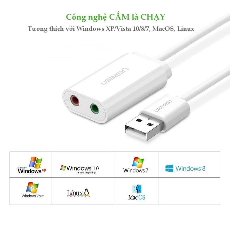 Ugreen UG30143US205TK 15CM màu Trắng Bộ chuyển USB 2.0 sang Loa + MIC chuẩn 3.5mm - HÀNG CHÍNH HÃNG