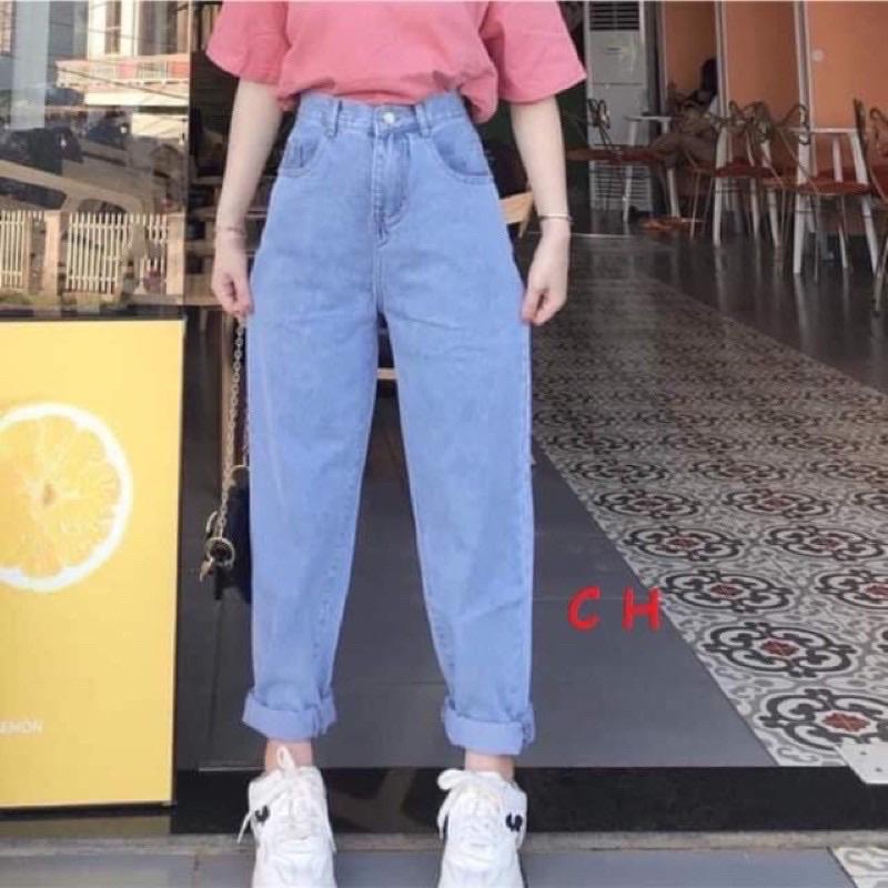 Quần jeans baggy nữ lưng cao hoạ tiết trơn vải bò dày dặn