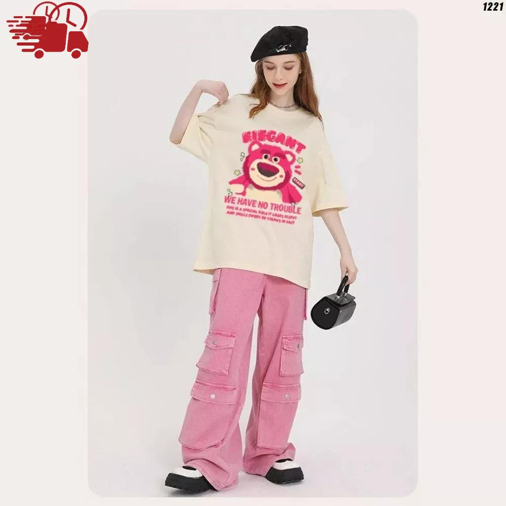 Áo thun tay lỡ áo phông trơn unisex phom rộng oversize in hình Gấu dâu vui vẻ