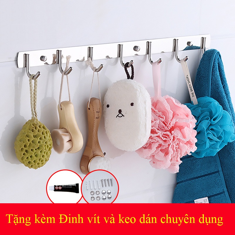 Móc Treo Quần Áo 7 móc Inox SUS 304 Sáng Bóng, Bền Đẹp - Có thể khoan hoặc dán tường tiện dụng