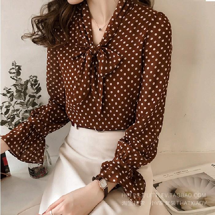 Áo sơ mi nữ chấm bi cổ thắt nơ, hàng nhập Quảng Châu