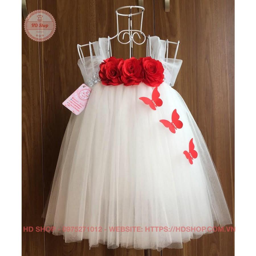 Váy tutu cho bé ️️ Váy tutu trắng hoa hồng đỏ + bướm