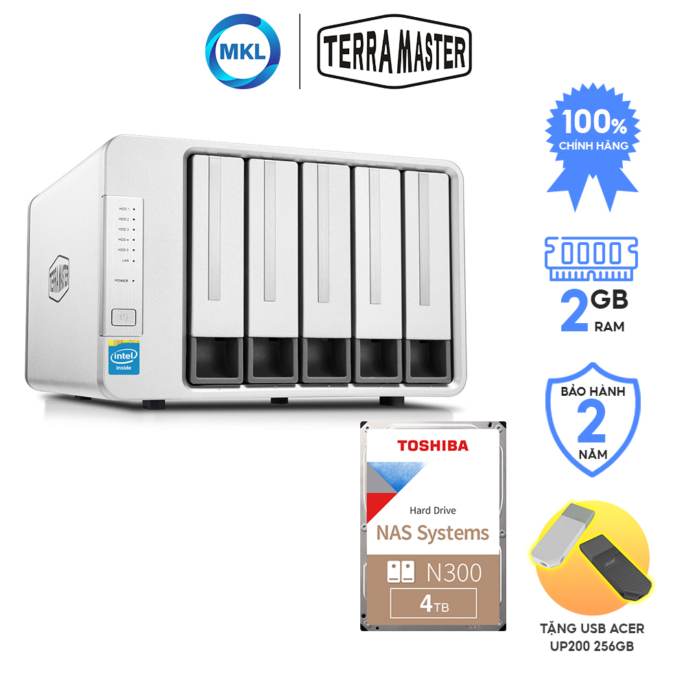 Combo ổ cứng mạng Nas Terra Master F5-221 5 khay + ổ cứng Nas Toshiba HDD N300 4TB - hàng chính hãng