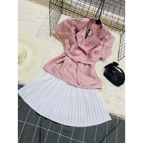 Sét Áo cổ Đầm xếp ly, chất Gân Hồng Kong cao cấp dày dặn, ko nhăn/Set vét tiểu thư sang trọng