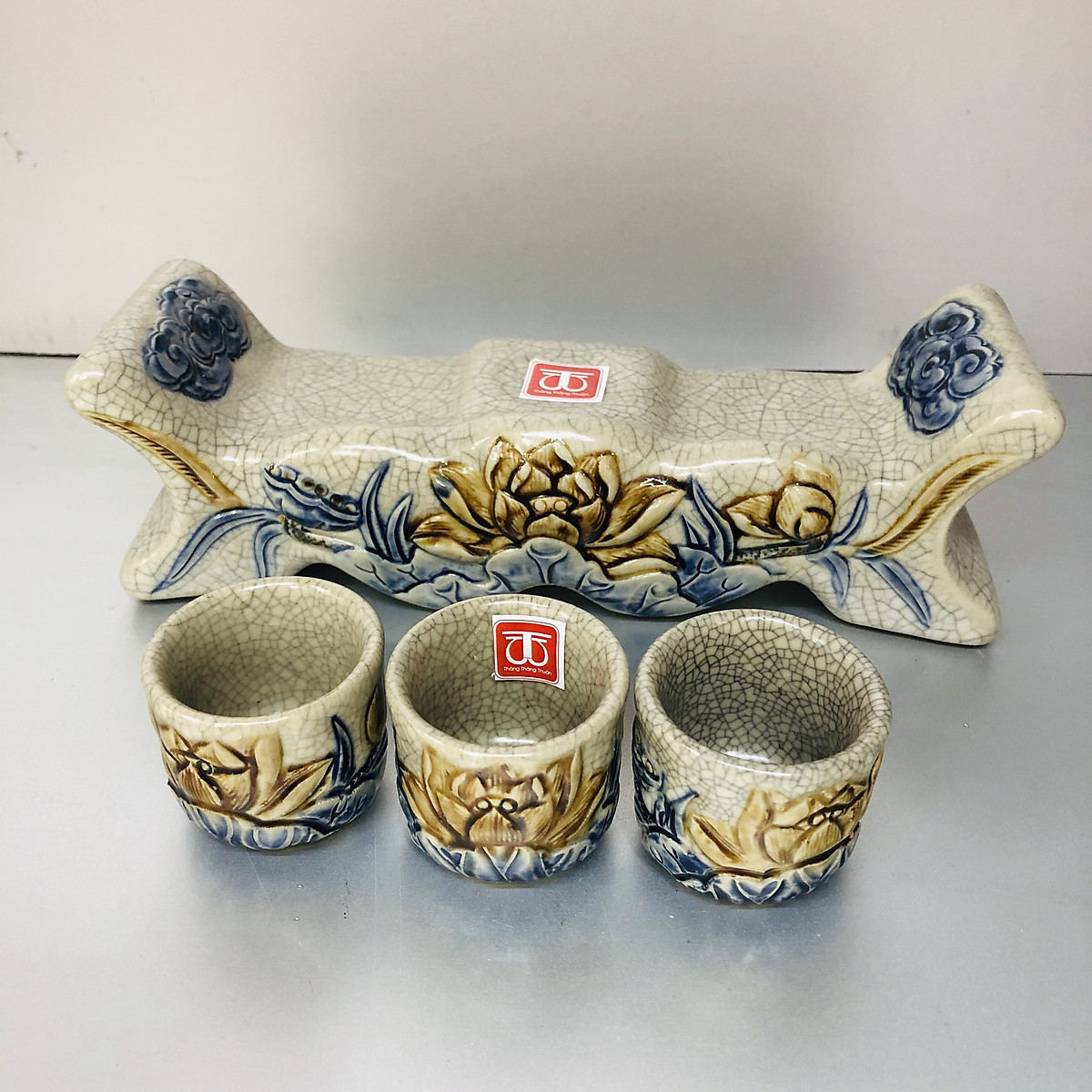 Bộ cúng nước 3 ly sen men rạn nỗi -TL293