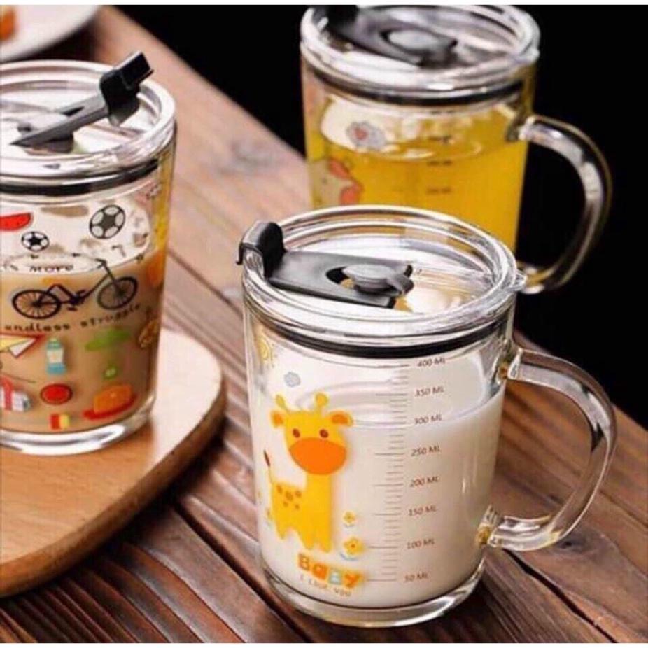 Ly Thủy Tinh Chia Vạch 350ml, Ly Pha Sữa Chia ml, Nắp Chống Tràn, Tiện Lợi, Bền Đẹp, Ống Hút Sillicon