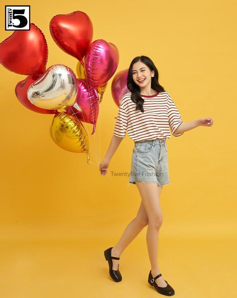 Áo thun nữ kẻ ngang, dáng rộng Twentyfive 3673