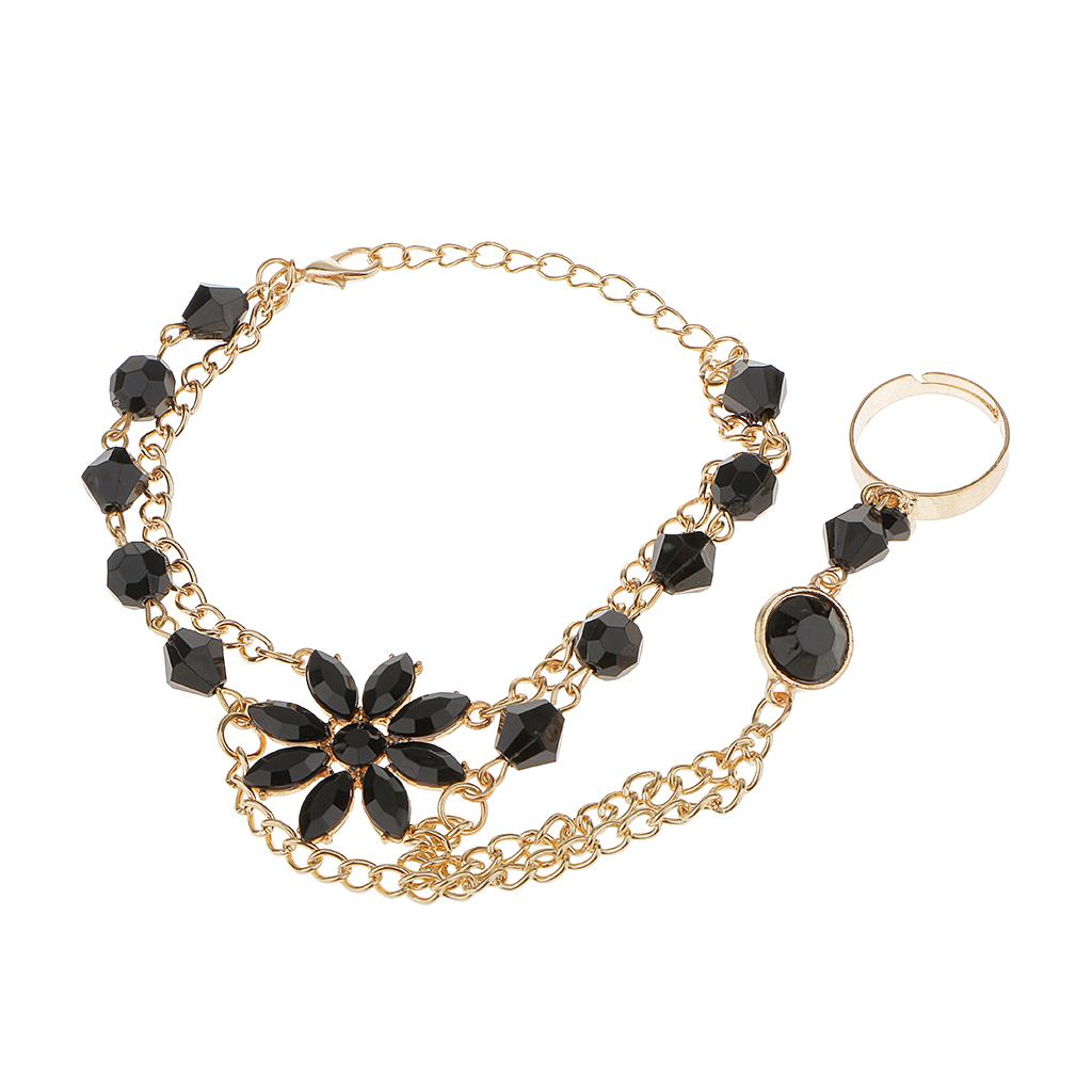 Black Rhinestone Hand Harness Bracelet Gold Slave Chain Link Finger