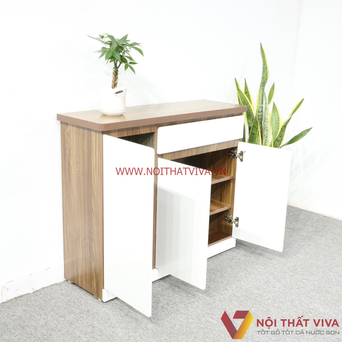 Tủ Giày Dép Gỗ MDF Melamine Màu Óc Chó Cánh Trắng Đẹp Giá Rẻ