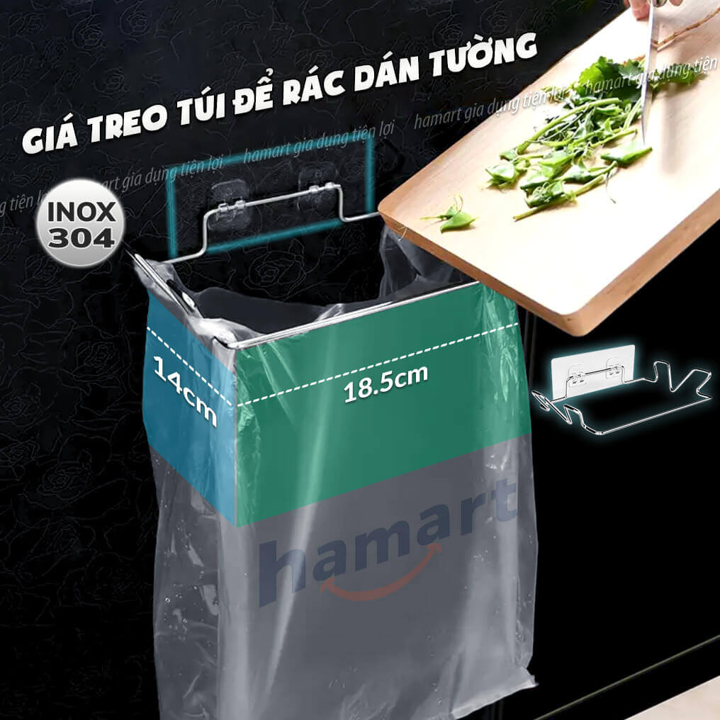 Giá Đỡ Túi Đựng Rác Treo Tường Nhà Bếp INOX Kèm Miếng Keo Siêu Dính Móc Treo Đồ Nhà Tắm Đa Năng