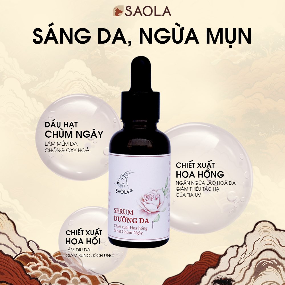 Serum dưỡng ẩm Saola, tinh chất hoa hồng, cấp ẩm, giảm thâm, sáng da, Mỹ Phẩm Thuần Chay, VEGAN,30ml