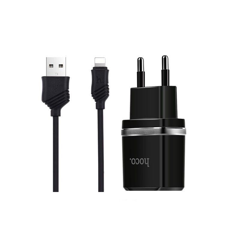 Bộ cáp và adapter sạc cổng Lightning Hoco C12 1A (Đen) - Hàng chính hãng