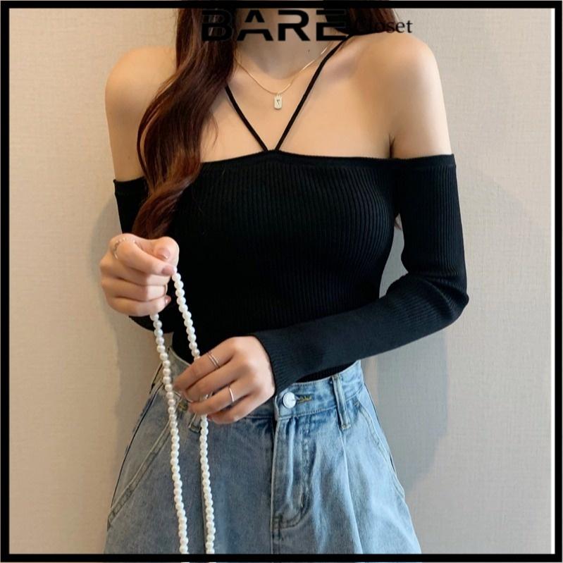 Áo kiểu hàn quốc tay dài BARE - áo trễ vai tay dài Chất Thun gân không xù lông - AO15