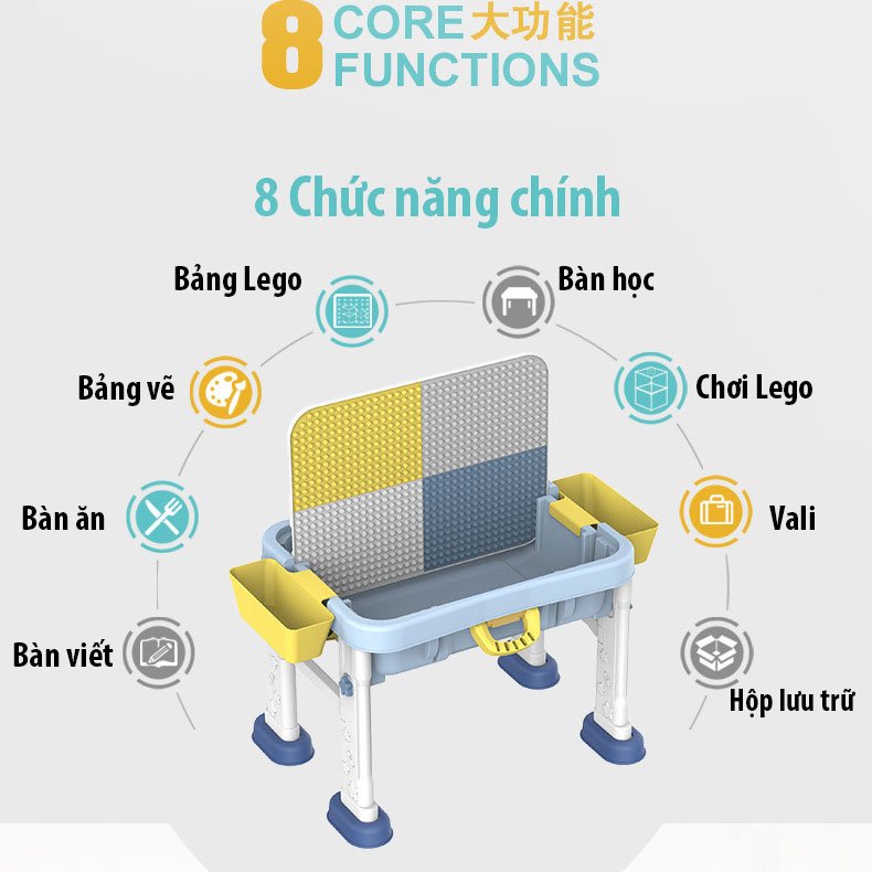 Bàn học và bàn chơi lắp ghép khối  đa chức năng 8 trong 1 Bằng nhựa ABS an toàn