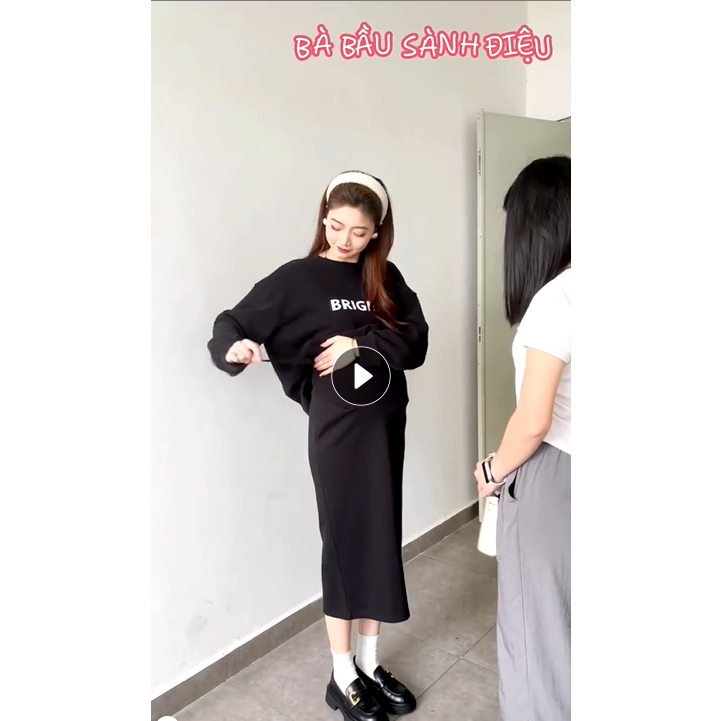 Sét đầm bầu bầu áo sweater bầu phong cách thể thao  phối cùng chân váy xuông cá tính hàng qc 0411-028