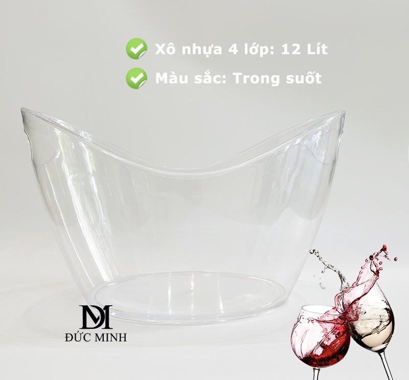 Xô đá ướp lạnh rượu vang, đồ uống dung tích 12 lít trong suốt