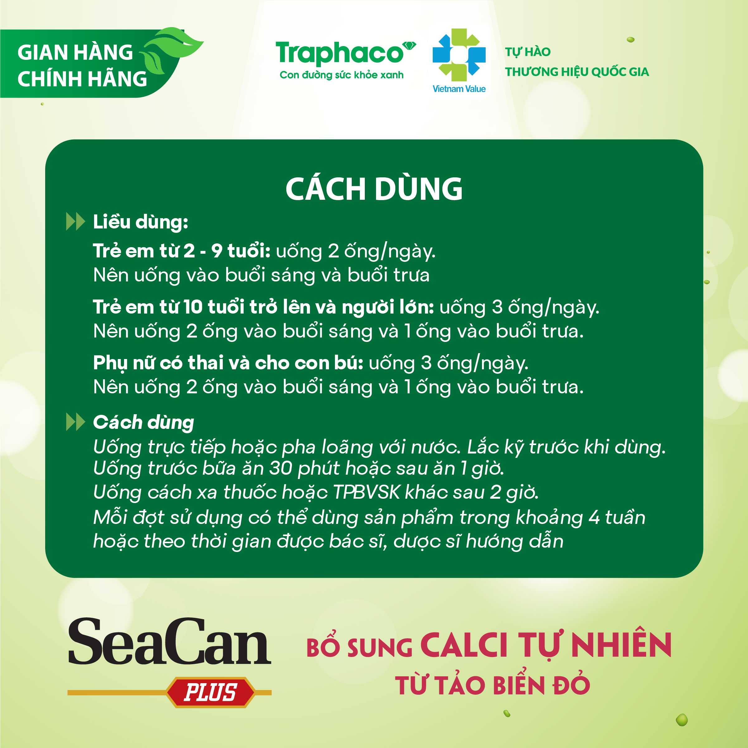 Bổ Sung Canxi SEACAN PLUS Traphaco Giúp Răng Xương Chắc Khỏe, Ngừa Loãng Xương, Tảo Biển Đỏ Hộp 4 Vỉ x 5 Ống Uống 10ml