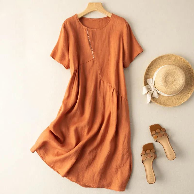 Đầm váy linen suông trơn, Váy linen dáng dài ngắn tay trơn màu cam che khuyết điểm ARCTIC HUNTER Da60