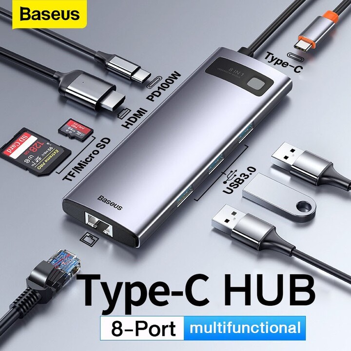 Hub chuyển đổi đa năng 8 trong 1 Baseus CAHUB-CV0G ( Type-C to HDMI/ USB3.0/ LAN / SD Card Reader/ Type C PD 100W) - Hàng Chính Hãng