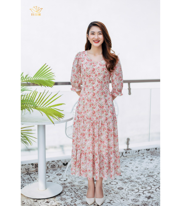 Đầm Maxi thiết kế trung niên Cổ tim tay lỡ Hồng hoa TTV1031