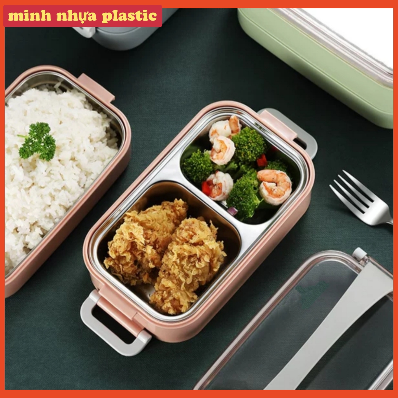 Bộ Hộp Cơm Giữ Nhiệt 2 Lớp 2 Tầng 2 Ngăn INOX304 Thiết Kế Hiện Đại -tặng bộ chổi vệ sinh mini có hít từ