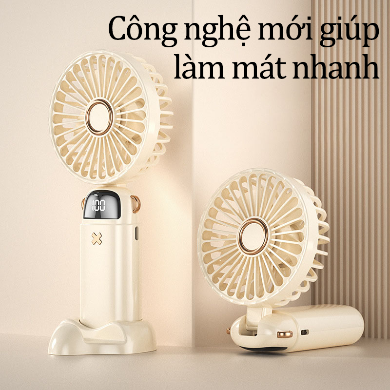 Quạt Cầm Tay Mini Tích Điện Có Đế Để Bàn Kiêm Giá Đỡ Điện Thoại Pin Trâu 6000mAh Quạt Mini Điều Hòa 5 Cấp Độ Màn Hình LCD Hiển Thị Pin Nhỏ Gọn Có Dây Đeo Cổ Chống Nước Tiện Lợi - ML039