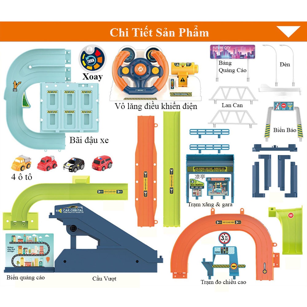 Đồ chơi đua xe ô tô kèm vô lăng phát nhạc cỡ lớn kết hợp bãi đỗ xe có thang cuốn chạy tự động cho bé, quà tặng sinh nhật