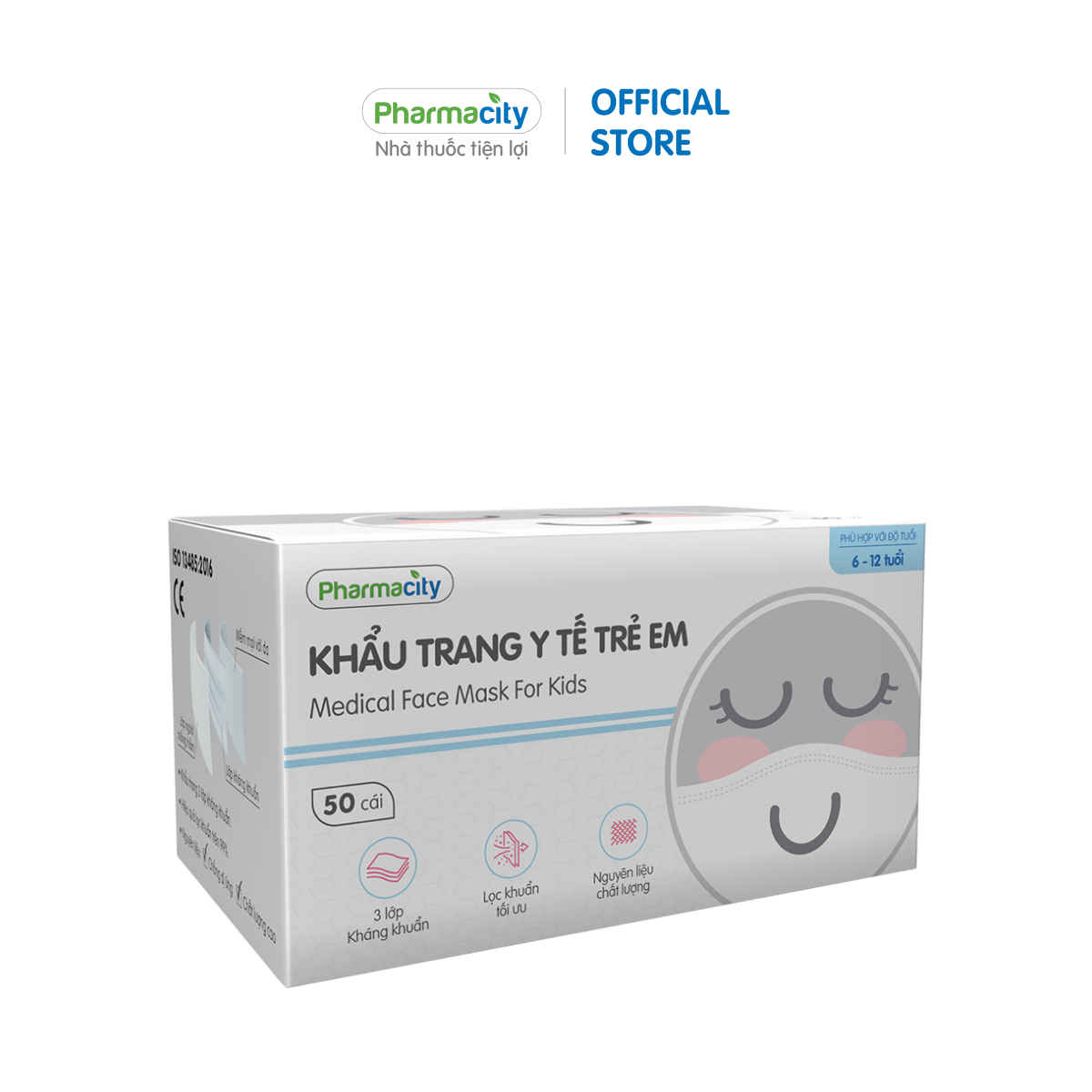 Khẩu trang y tế trẻ em 3 lớp Pharmacity ngăn bụi bẩn và lọc khuẩn trên 99% - Size L - Hộp 50 cái