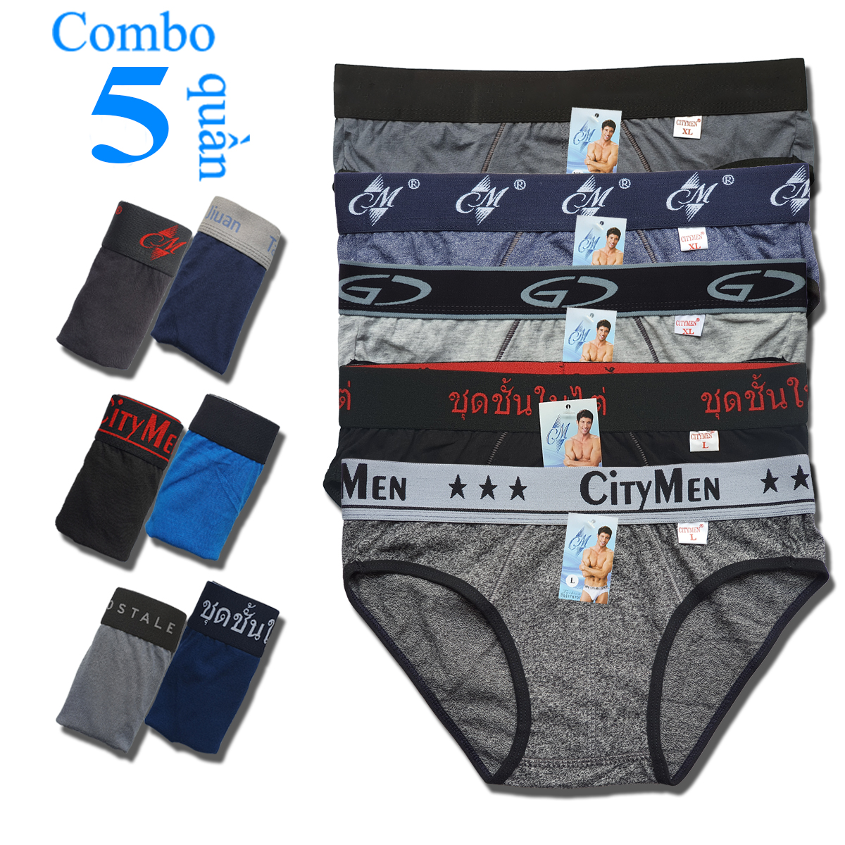 Combo 5 Quần Lót Nam cao cấp | quần xì nam | quần sịp nam | nhiều lưng | vải cotton 2 chiều | hiệu CM | lưng lớn | cạp to | kiểu brief | tam giác truyền thống | đồ lót nam