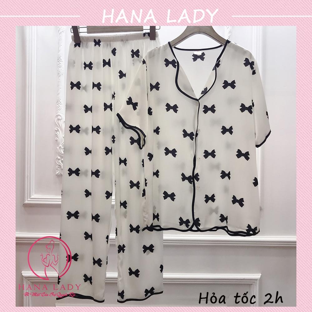 Đồ ngủ pijama lụa - Bộ ngủ mặc nhà tay ngắn họa tiết nơ mềm mại PJ519