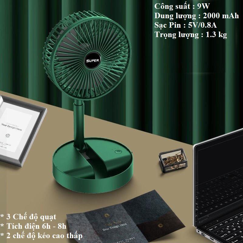 Quạt Tích Điện Gấp Gọn SUPER 3 Cấp Độ Gió Sử Dụng Pin Sạc, Quạt Để Bàn Mini Cổng Sạc USB Tiện Dụng
