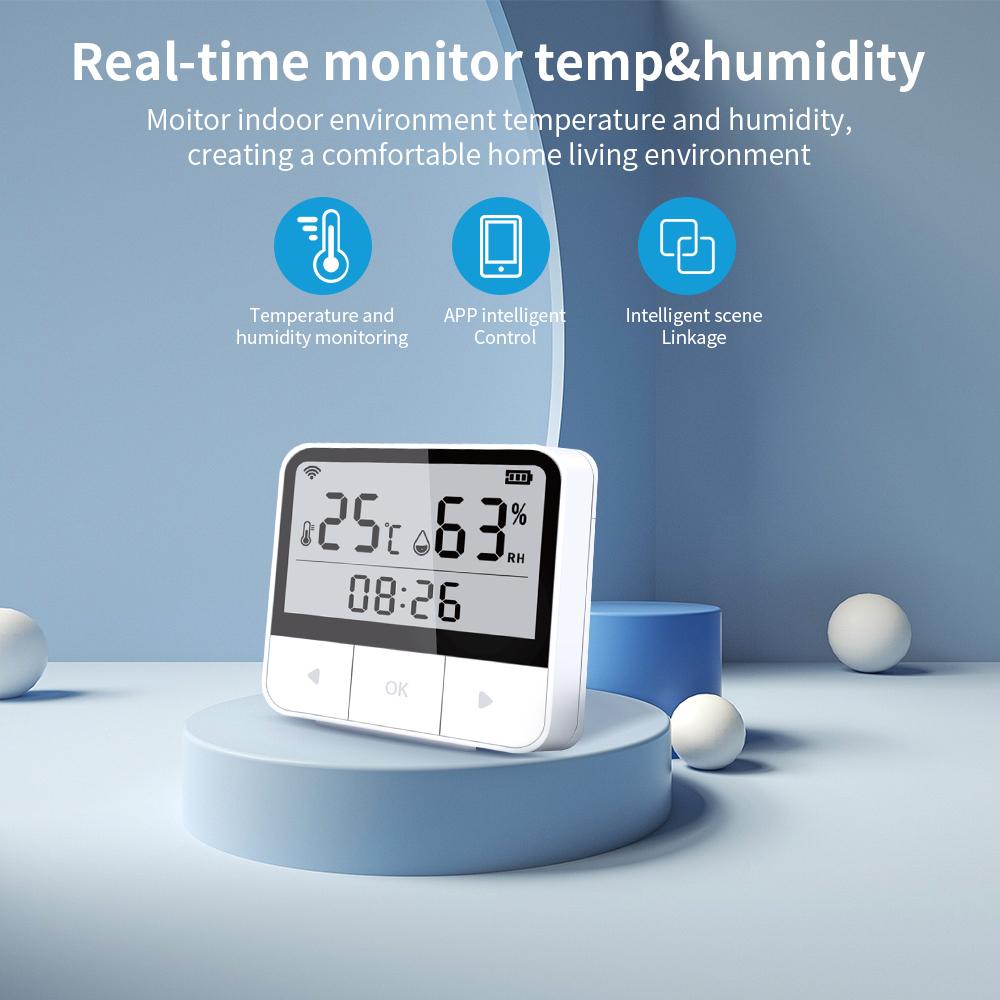 Tuya WiFi Intelligent Temperature Humidity Sensors Time Date Week Display Intelligent Home Office Bedroom Kitchen Living Room Hotel Temperature Humidity Sensors Large Display Intelligent Linkage Compatible with Alexa