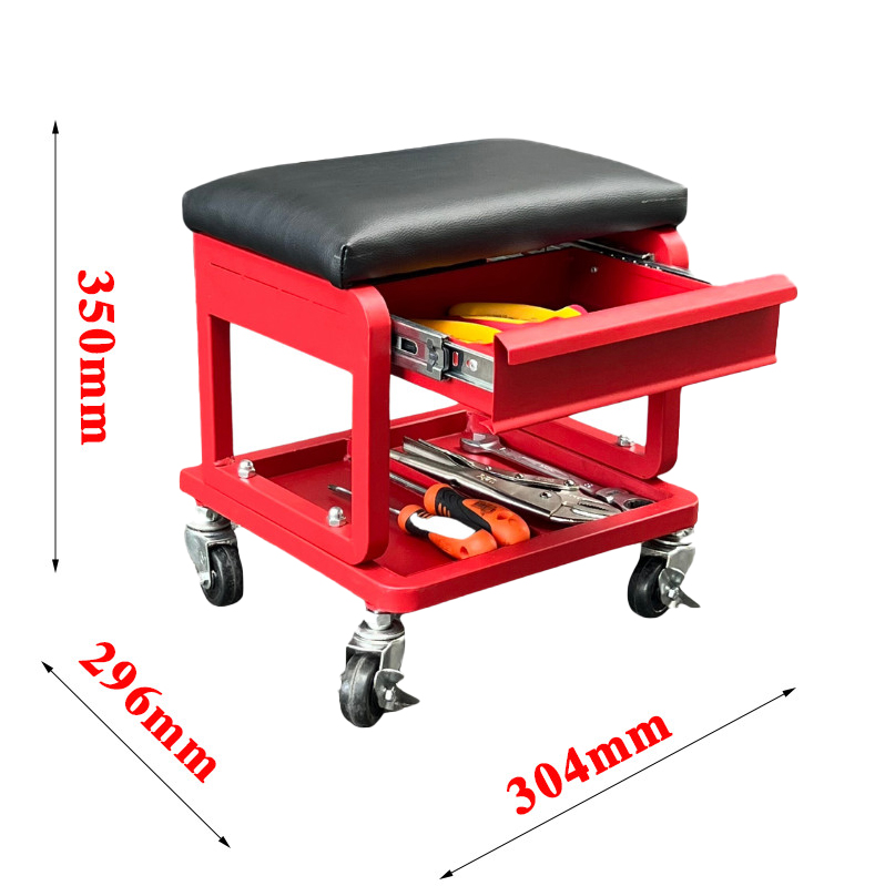 Ghế ngồi sửa chữa xe có ngăn kéo màu đỏ đệm màu đen