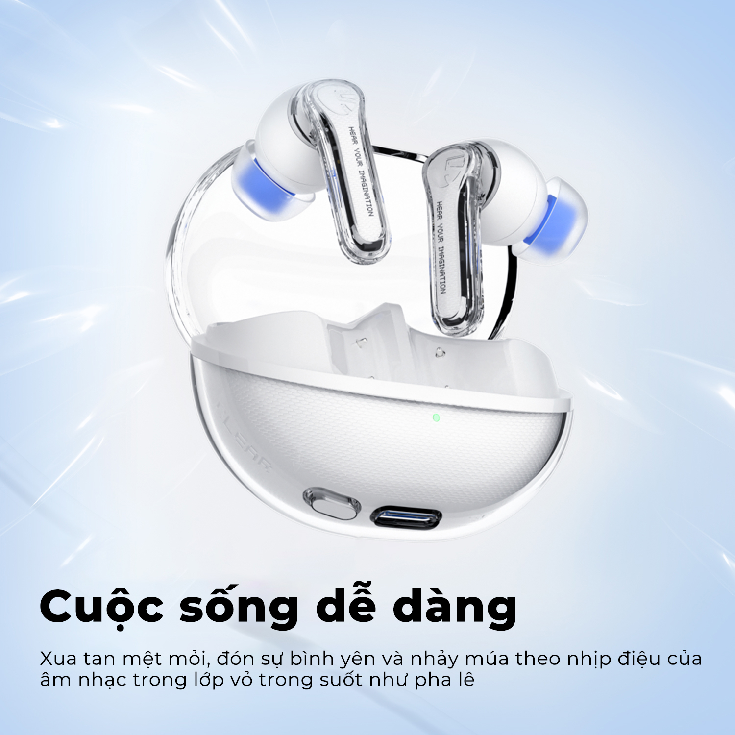 Tai nghe True Wireless SoundPEATS Clear | Trong suốt Trendy | Mic Kép ANC | Bluetooth 5.3 - Hàng Chính Hãng