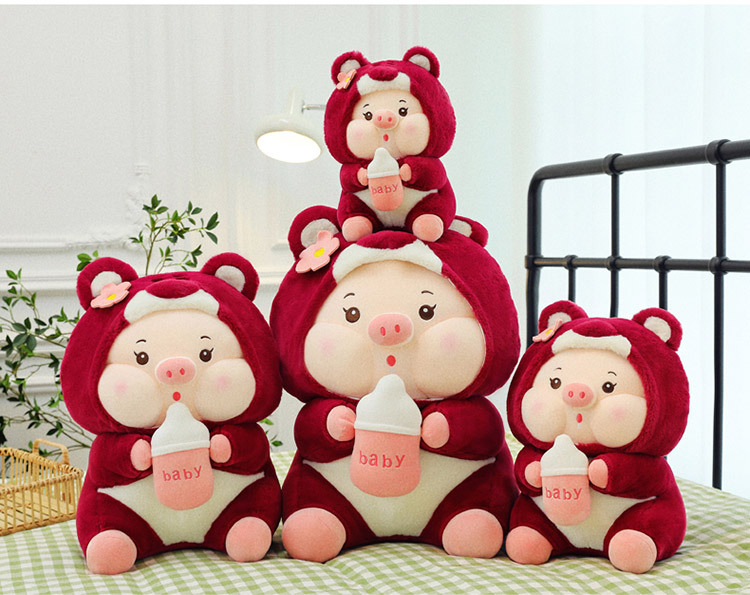 Gấu bông Heo cosplay gấu dâu ôm bình sữa đáng yêu,Heo lotso cute size 30cm- 80cm