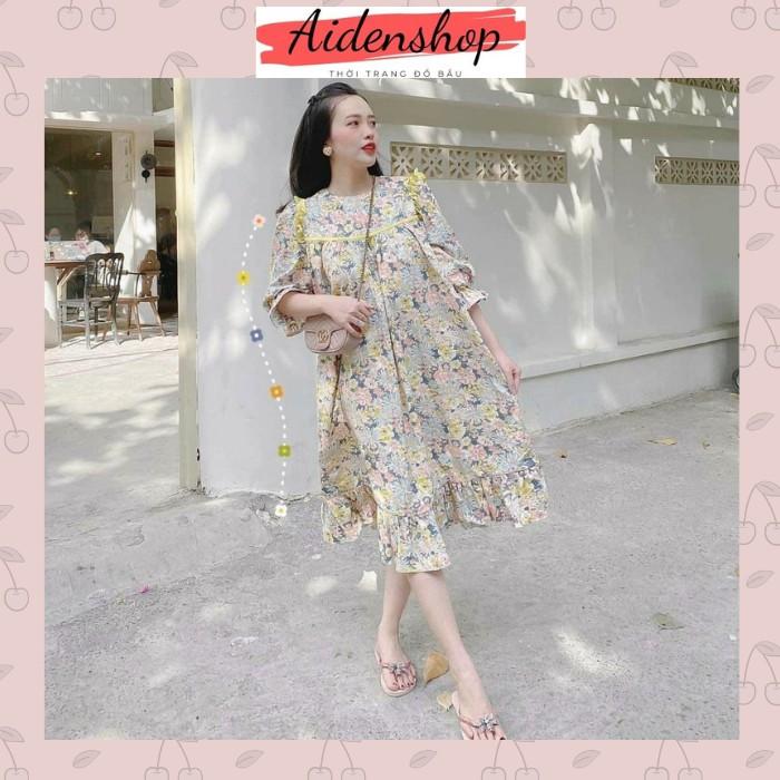 Đầm hoa nhí vintage váy bầu dáng suông thời trang chất lụa hàn đẹp freesize từ 45-70kg #vaybau maternity dress