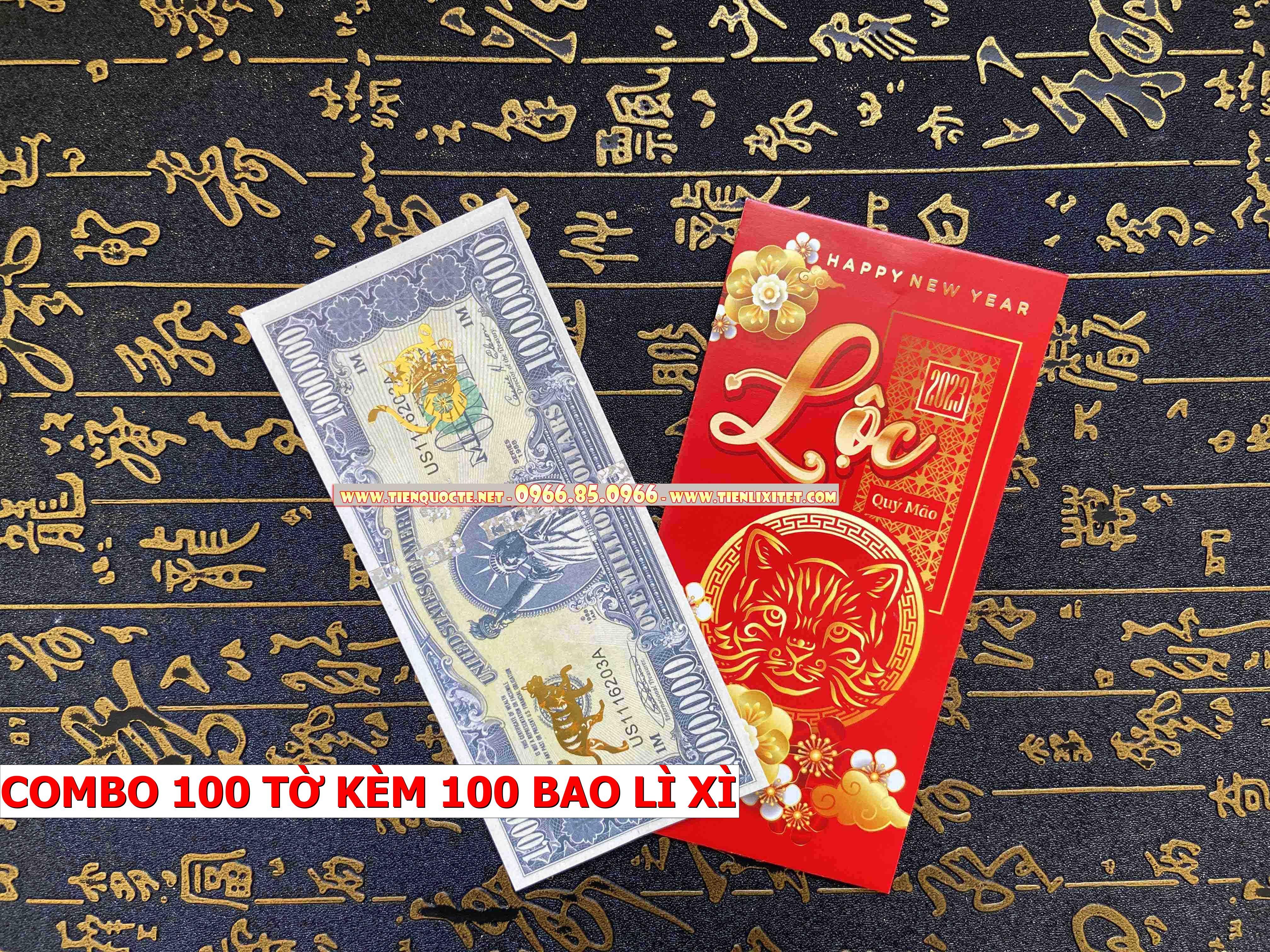 Cặp 100 tấm Lì xì tiền 2023 Tiền 1 Triệu Con mèo May Mắn Quý Mão, tặng kèm bao đỏ tài lộc 2023 CQTLNLGD02342