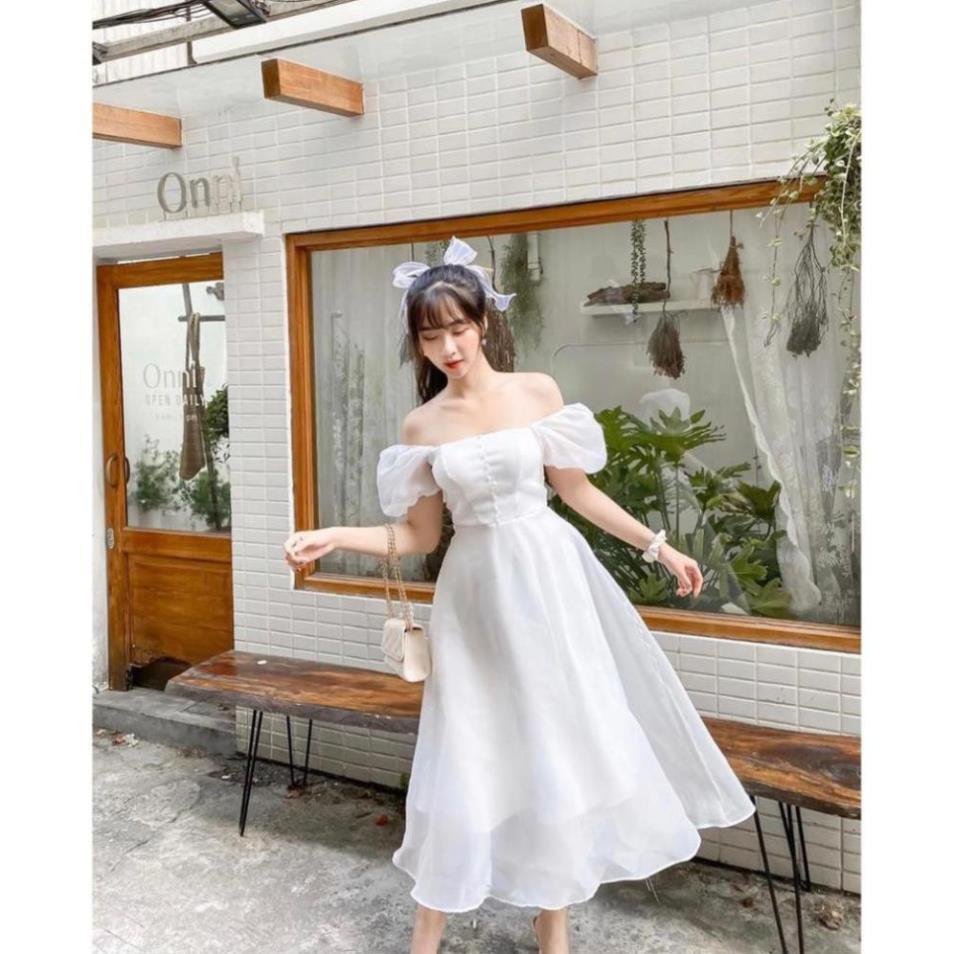 ĐẦM MIDI TRẮNG PHỐI NÚT BỌC TAY VOAN BÚP
