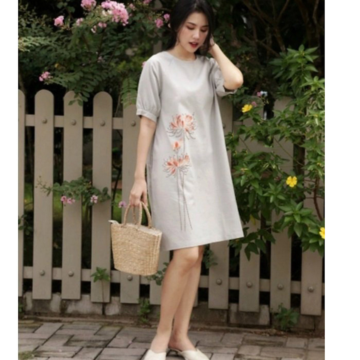 Đầm suông Linen bột Premium form rộng tay bom thêu hoa trẻ trung