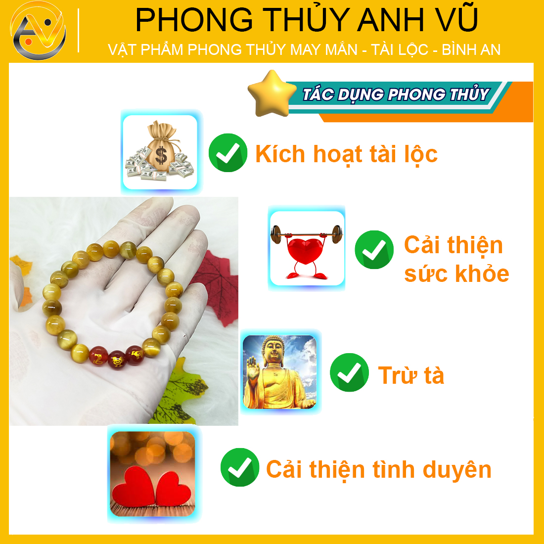 Vòng tam hợp tỵ dậu sửu đã khai quang - chất liệu đá mắt hổ vàng nâu - size 8 10 12ly - may mắn tài lộc - Vòng Tam Hợp Anh Vũ