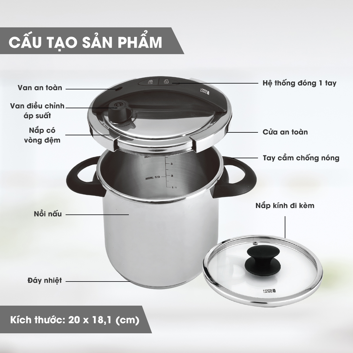 Nồi áp suất LEBENLANG LBL0909, nấu được mọi loại bếp, dung tích 5,5 lít, chất liệu inox cao cấp – hàng chính hãng