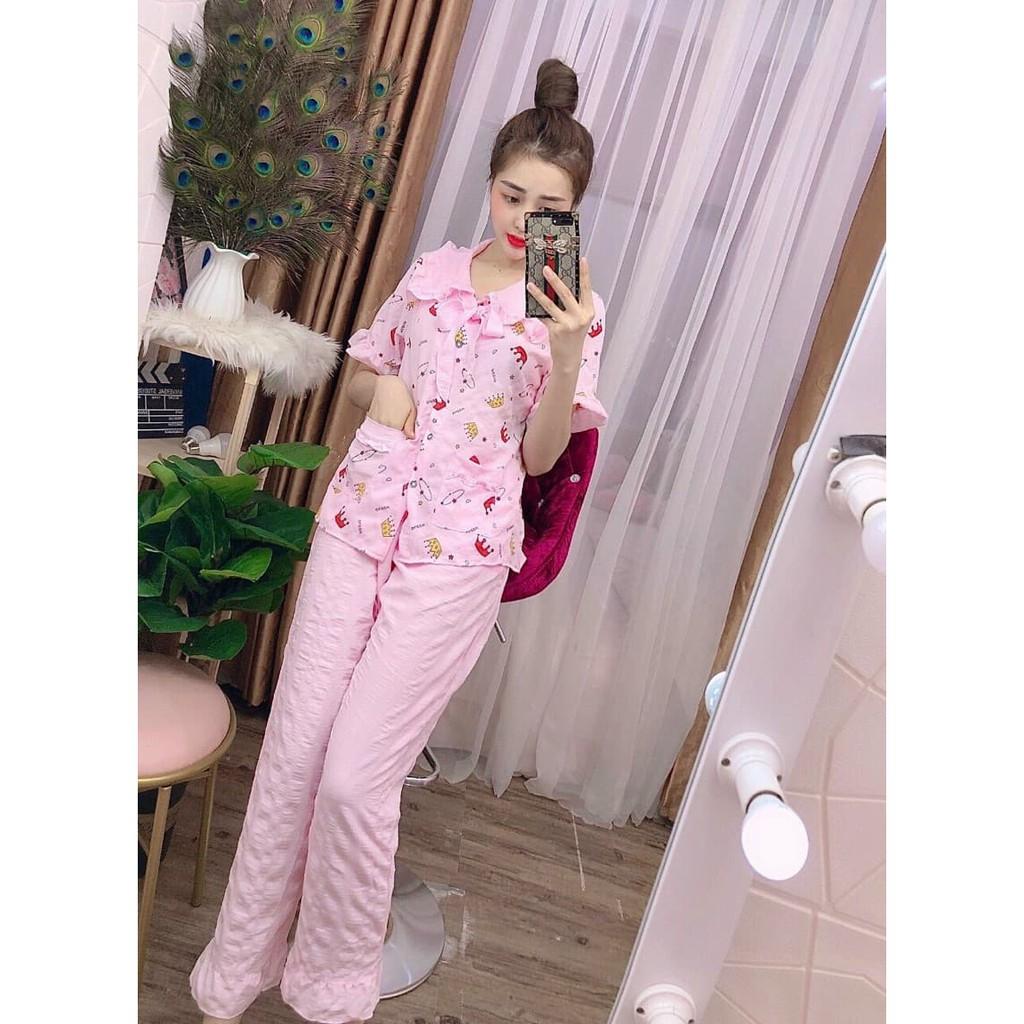 Bộ pijama đũi xốp tiểu thư cổ bèo, quần dài tay ngắn, 40 đến 59kg