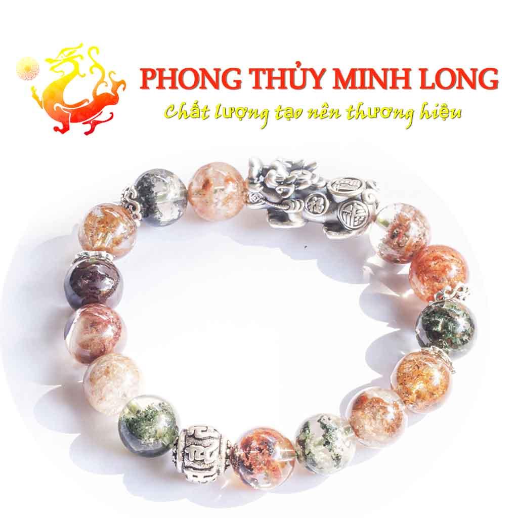 Vòng tay đá. Thach Anh Ưu Linh Đa Sắc chất lượng 5A mix Tỳ Hưu và 1 hạt khắc Kinh Phật bạc Thái