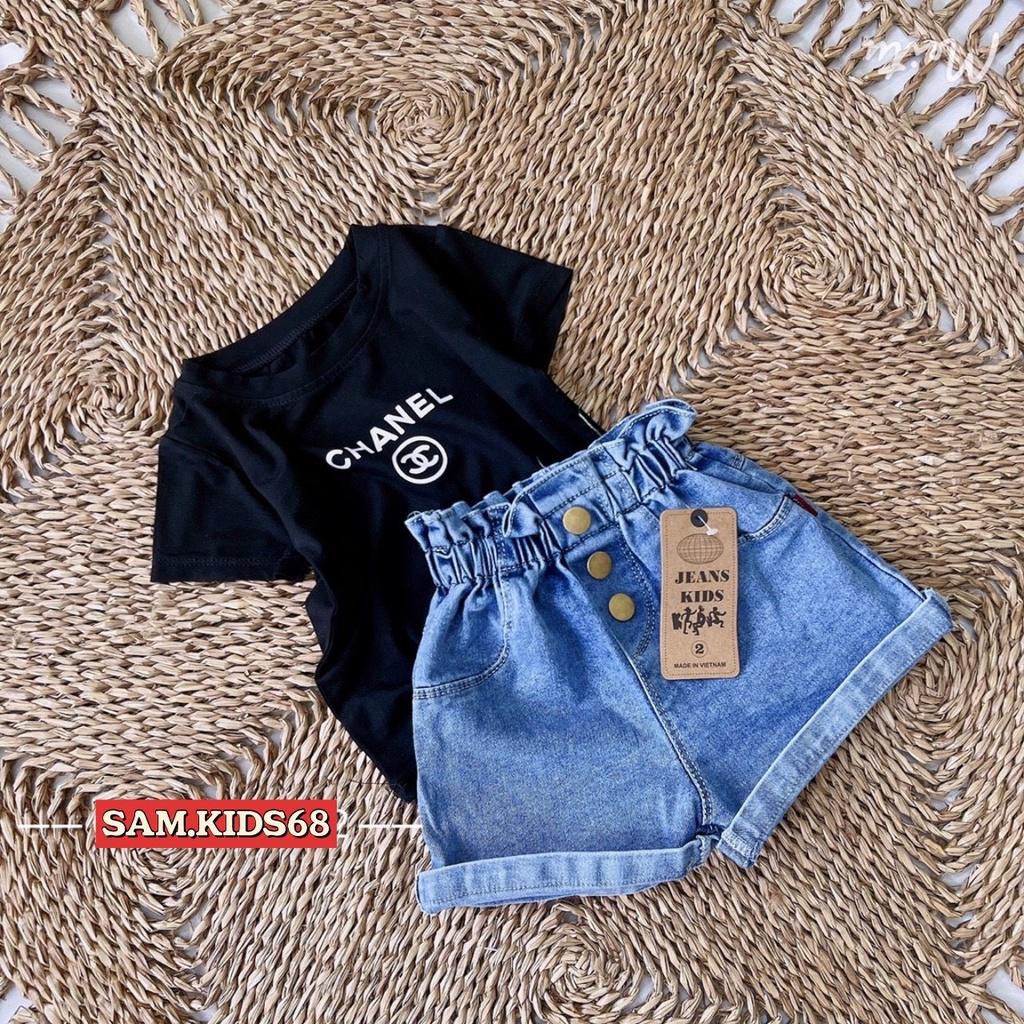 Bộ chà neo quần jean cạp cao siêu điệu cho bé gái, size 10-22kg