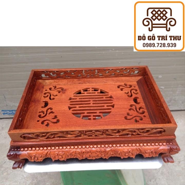 Khay Trà Gỗ Hương Chân Quỳ Đục Song Long Chầu Nguyệt Tứ Diện Cấp Sang Trọng