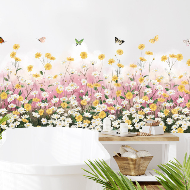 Decal trang trí tường - Chân tường hoa cúc trắng và vàng