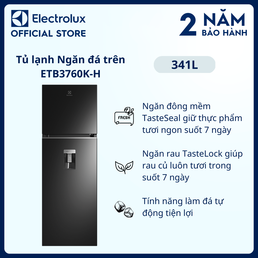 [Freeship] Tủ lạnh Electrolux Inverter ngăn đá trên có ngăn đông mềm 341 lít - ETB3760K-H - Tính năng làm đá tự động, lấy nước bên ngoài, khử mùi diệt khuẩn [Hàng chính hãng]
