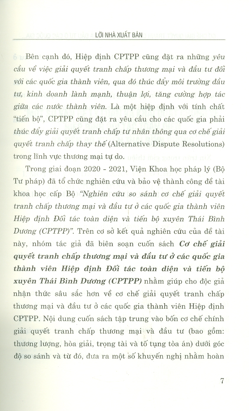 Cơ Chế Giải Quyết Tranh Chấp Thương Mại Và Đầu Tư Ở Các Nước Thành Viên Hiệp Định Đối Tác Toàn Diện Và Tiến Bộ Xuyên Thái Bình Dương (Sách chuyên khảo)