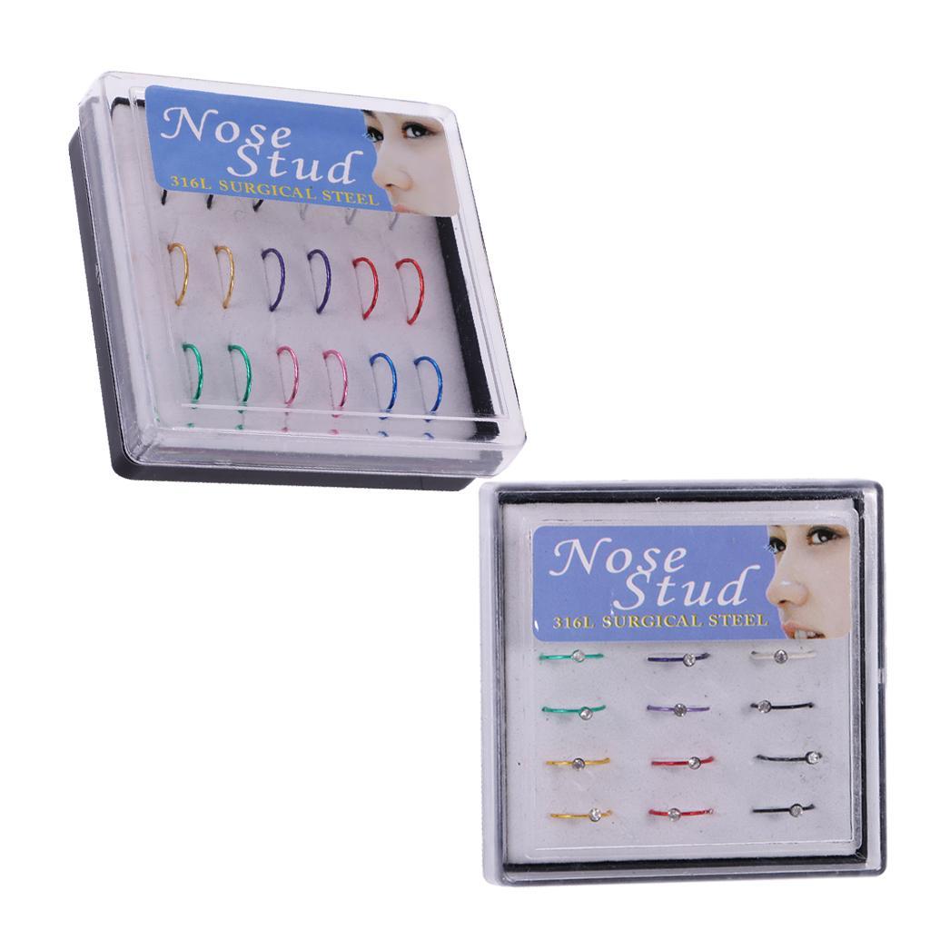 3-4pack 18pcs Mixed Color 316L Stainless Steel Nose Studs Hoops Piercing Rings